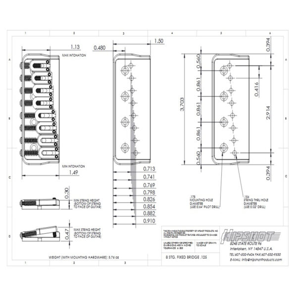 Ponte Hipshot Fixa 8 cordas - Base de .125" (Black) - Imagem 3